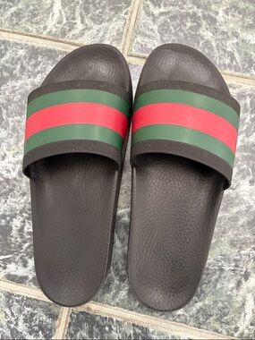 Gucci Black Slides with Green and Red Stripe Band